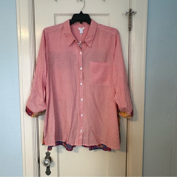 Intro Peach & White Striped Button-Up 3/4 Roll Tab Sleeve Boho Size 3X - Picture 3 of 16